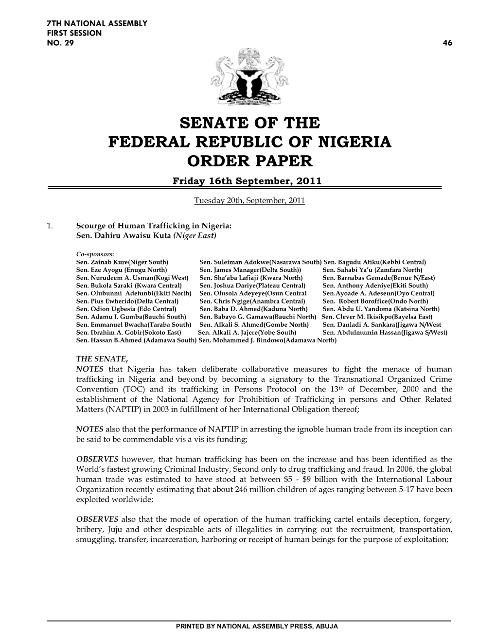 Senate of the Federal Republic of Nigeria Order Paper