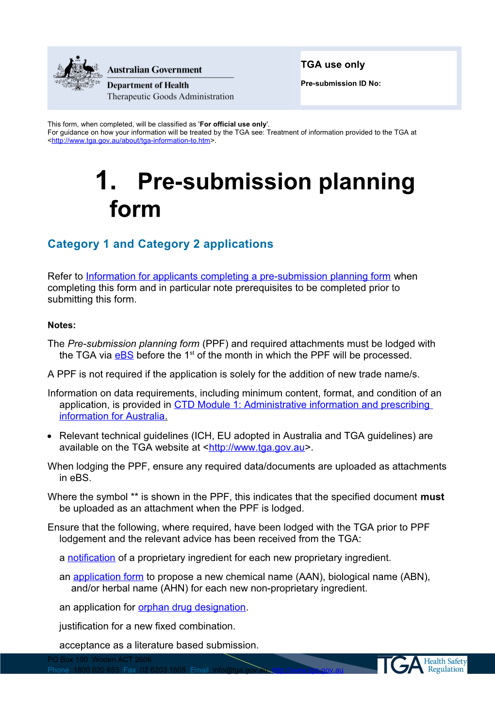 Pre-Submission Planning Form - Category 1 and Category 2 Applications