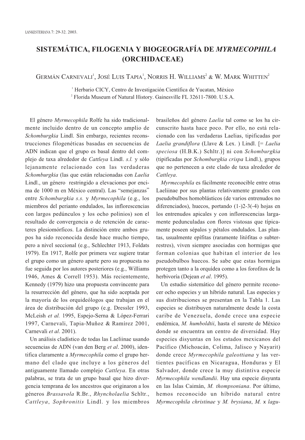 Sistemática, Filogenia Y Biogeografía De Myrmecophila (Orchidaceae)