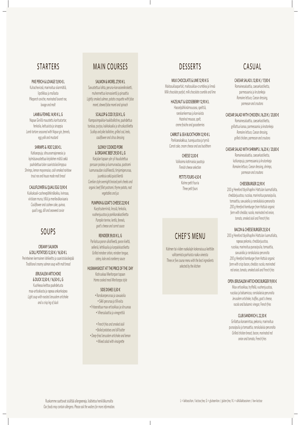 Casual Main Courses Starters Chef's Menu