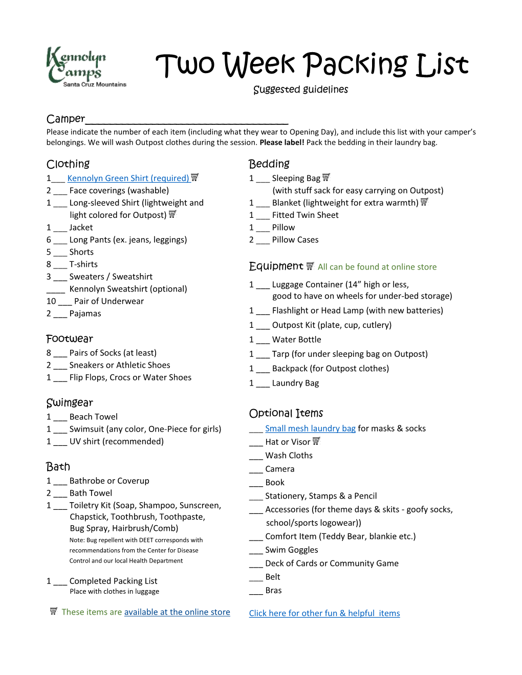 Two Week Packing List Suggested Guidelines