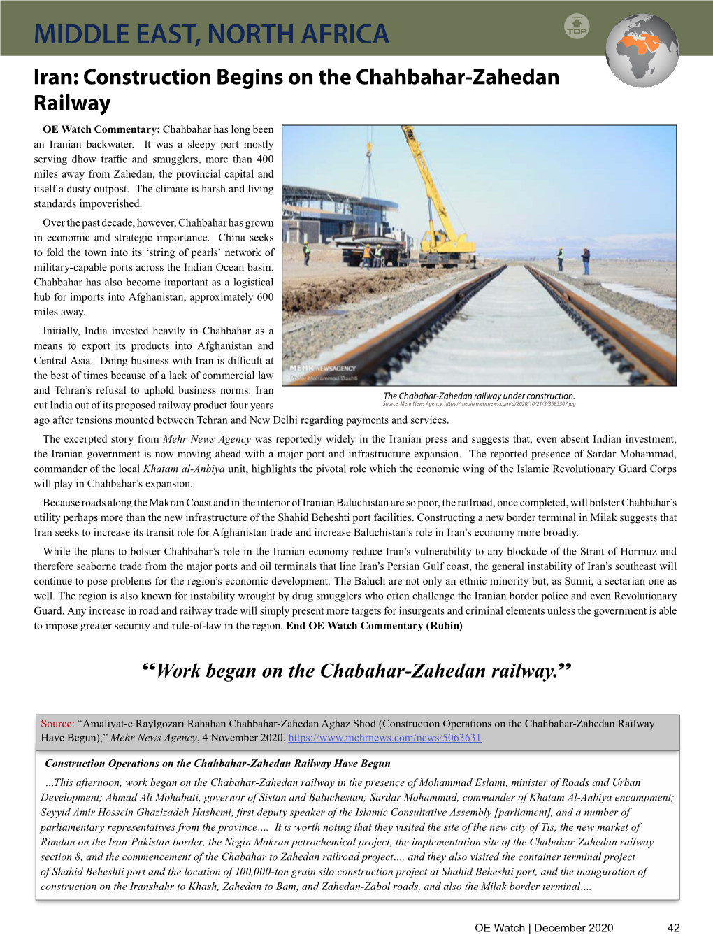 Construction Begins on the Chahbahar-Zahedan Railway OE Watch Commentary: Chahbahar Has Long Been an Iranian Backwater