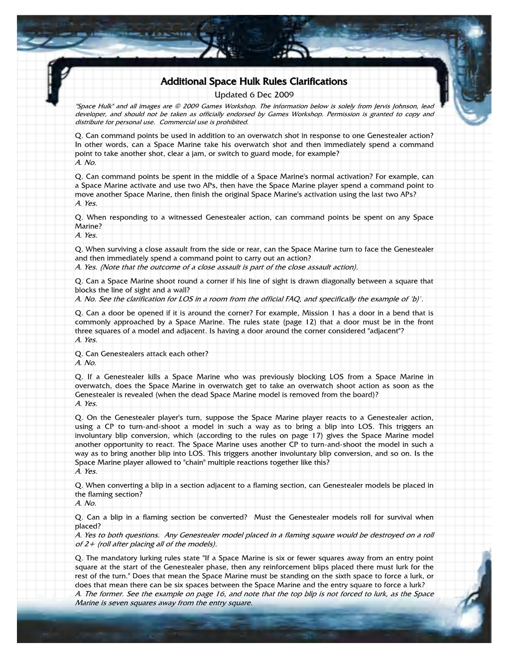 Additional Space Hulk Rules Clarifications Updated 6 Dec 2009 