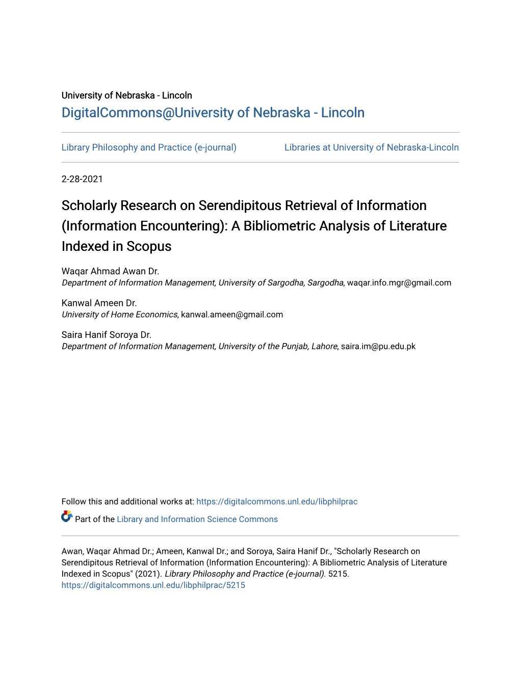 Scholarly Research on Serendipitous Retrieval of Information (Information Encountering): a Bibliometric Analysis of Literature Indexed in Scopus