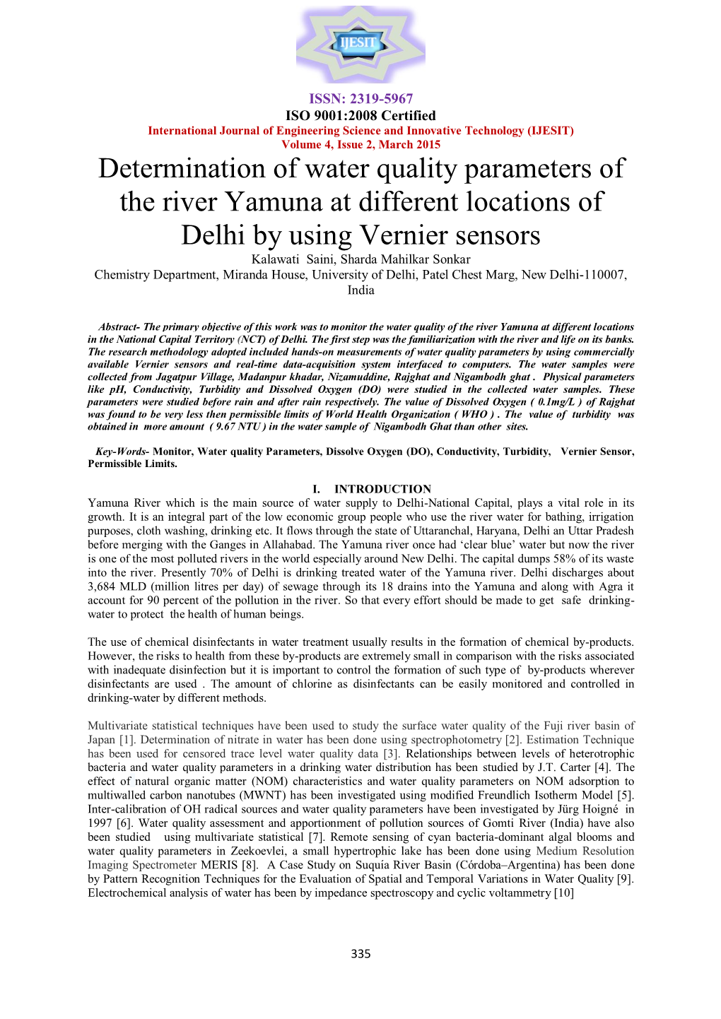 Determination of Water Quality Parameters of the River Yamuna At