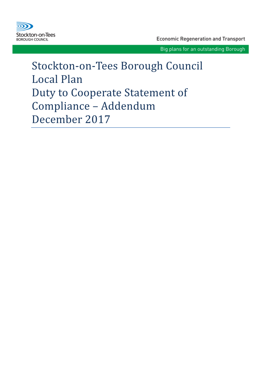 Stockton-On-Tees Borough Council Local Plan Duty to Cooperate Statement of Compliance – Addendum December 2017