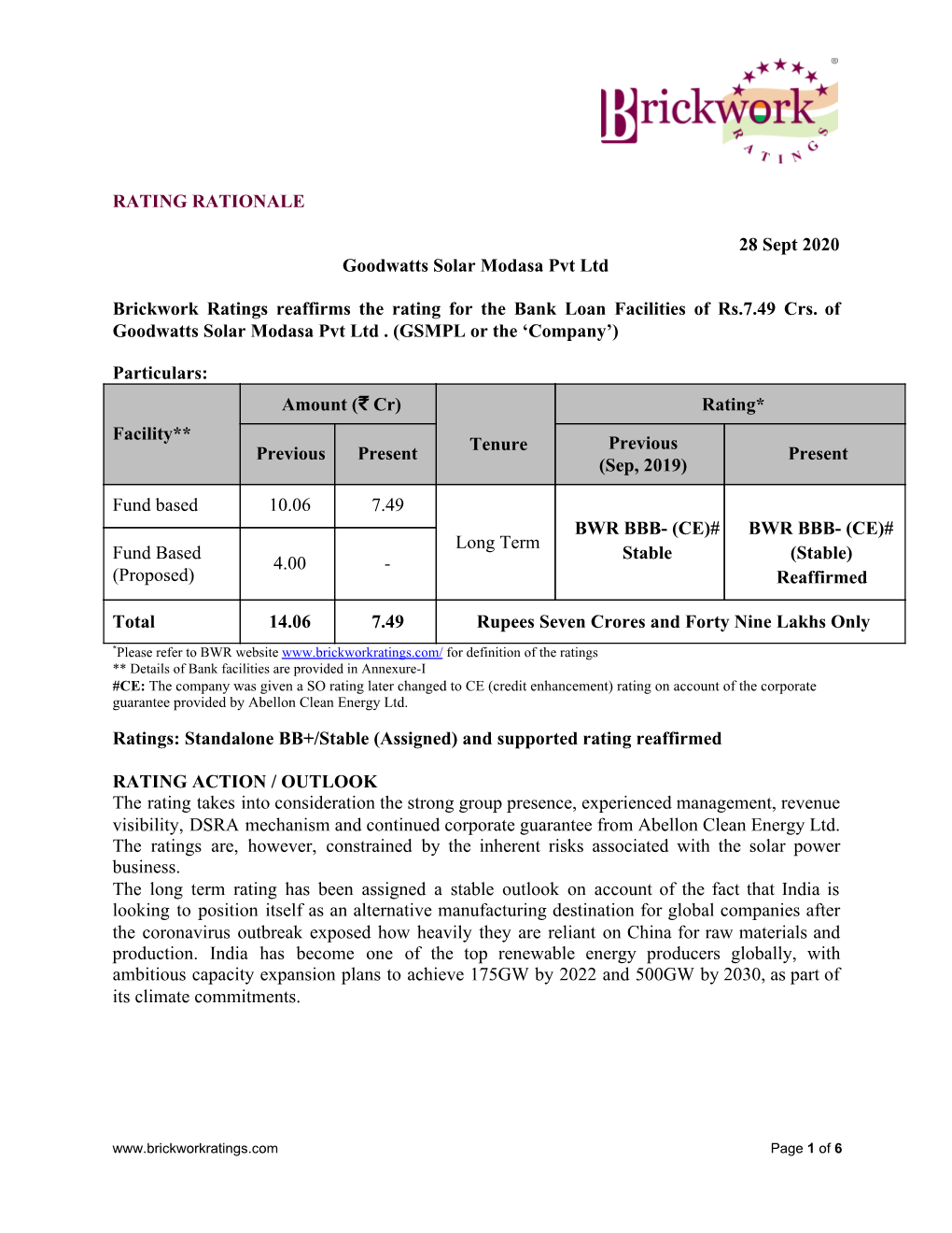 RATING RATIONALE ​28 Sept 2020 Goodwatts Solar Modasa Pvt Ltd