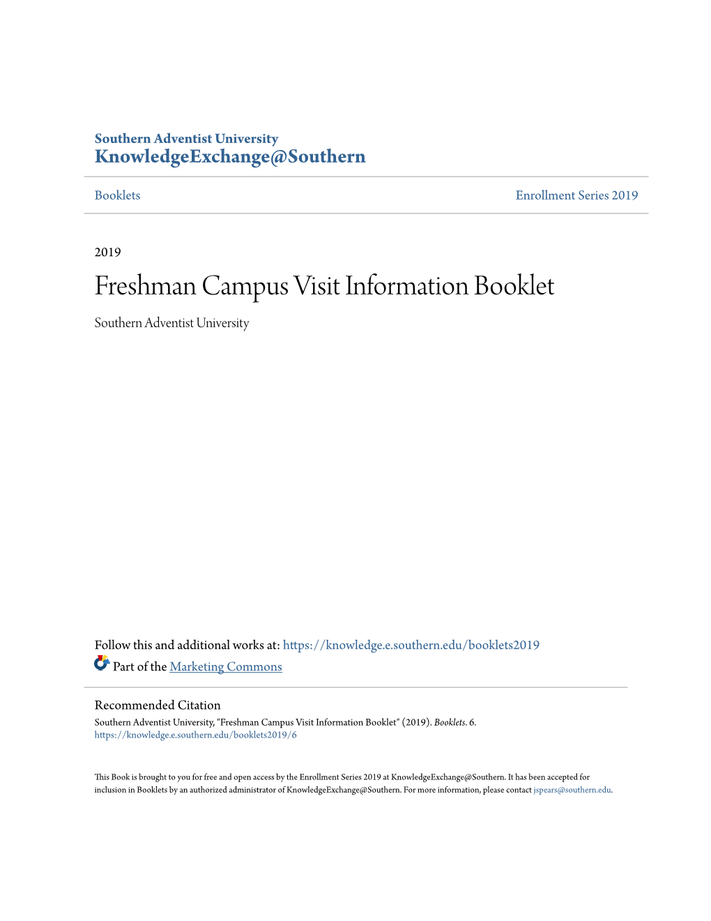 Freshman Campus Visit Information Booklet Southern Adventist University