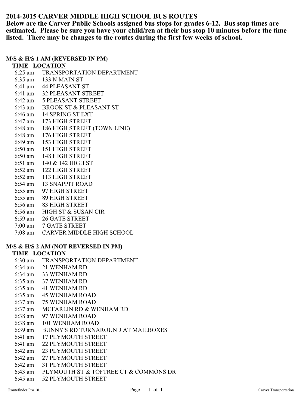 2014-2015 Carver Middle High School Bus Routes