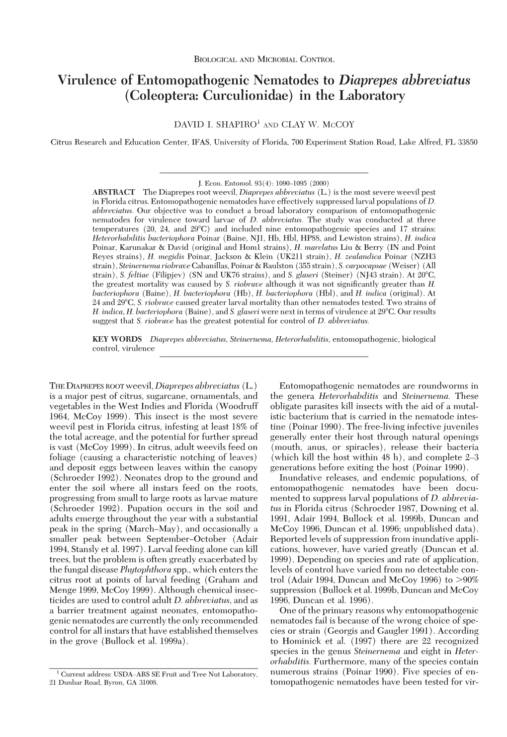 Virulence of Entomopathogenic Nematodes to Diaprepes Abbreviatus (Coleoptera: Curculionidae) in the Laboratory