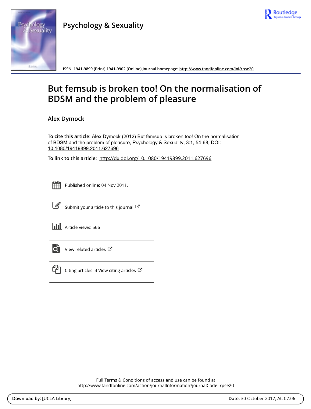 But Femsub Is Broken Too! on the Normalisation of BDSM and the Problem of Pleasure