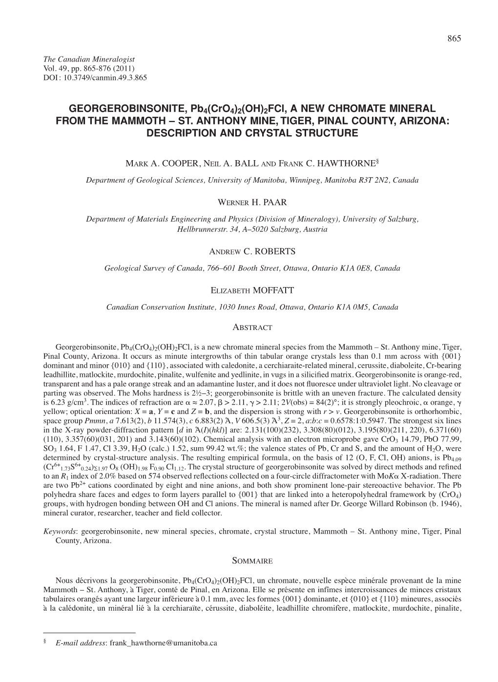 GEORGEROBINSONITE, Pb4(Cro4)2(OH)2Fcl, a NEW CHROMATE MINERAL from the MAMMOTH – ST