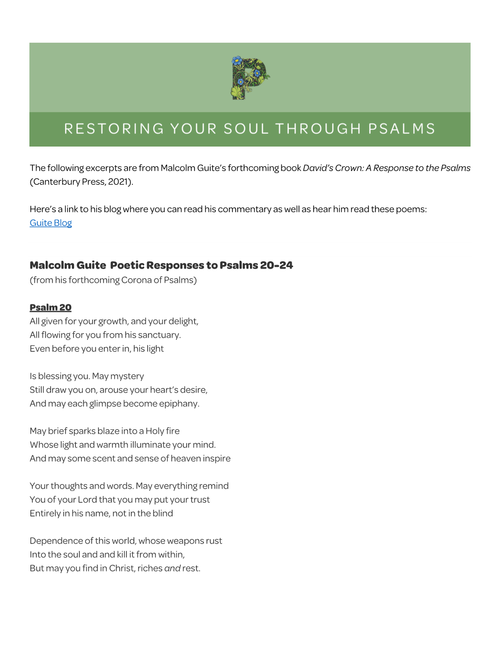 Malcolm Guite Poetic Responses to Psalms 20-24 (From His Forthcoming Corona of Psalms)