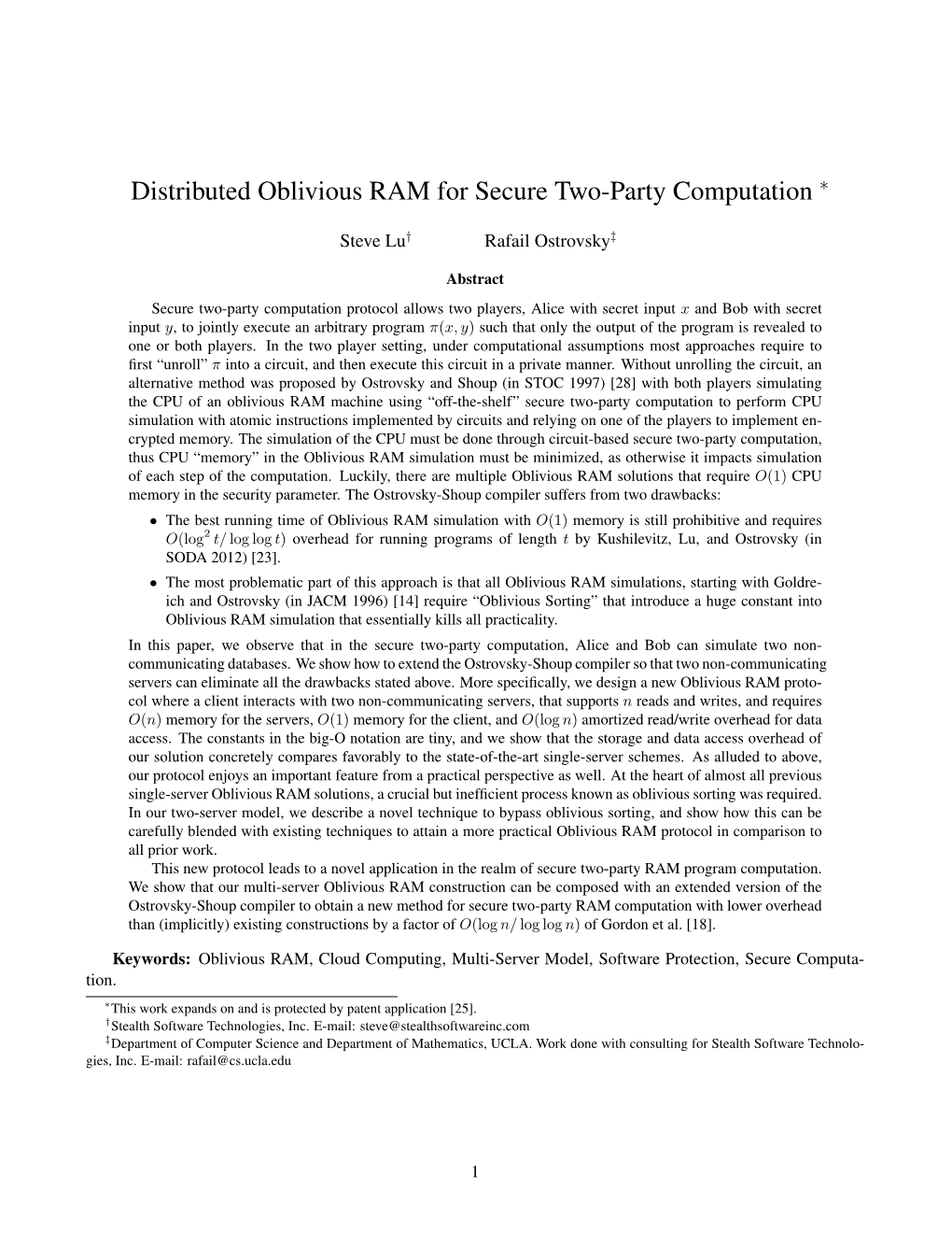 Distributed Oblivious RAM for Secure Two-Party Computation ∗