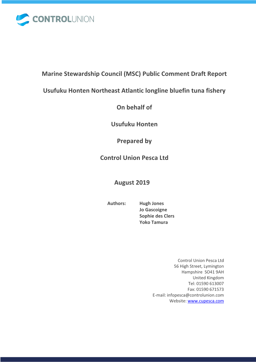 Public Comment Draft Report Usufuku Honten Northeast Atlantic Longline Bluefin Tuna Fishery On