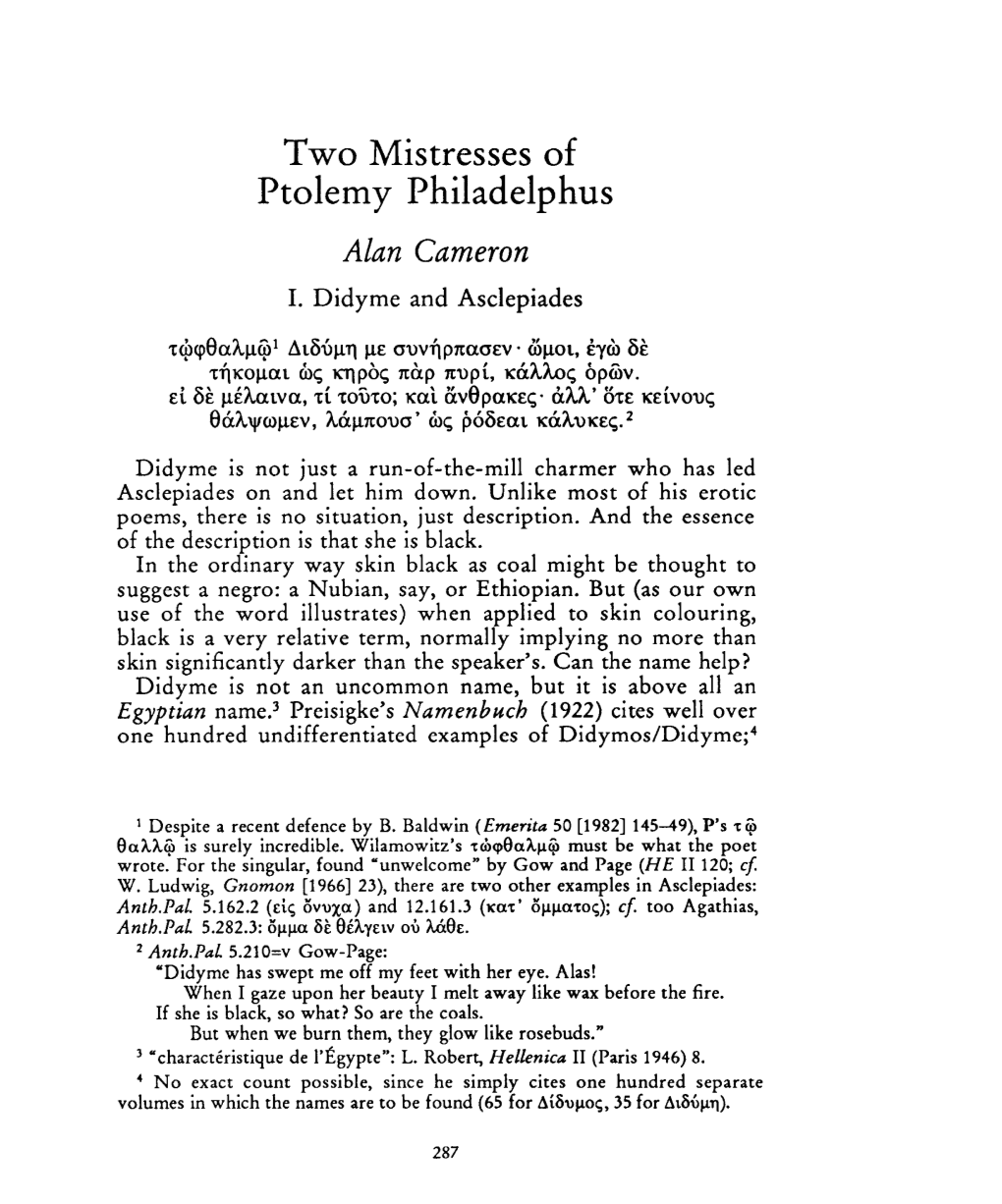 Two Mistresses of Ptolemy Philadelphus , Greek, Roman and Byzantine Studies, 31:3 (1990:Fall) P.287