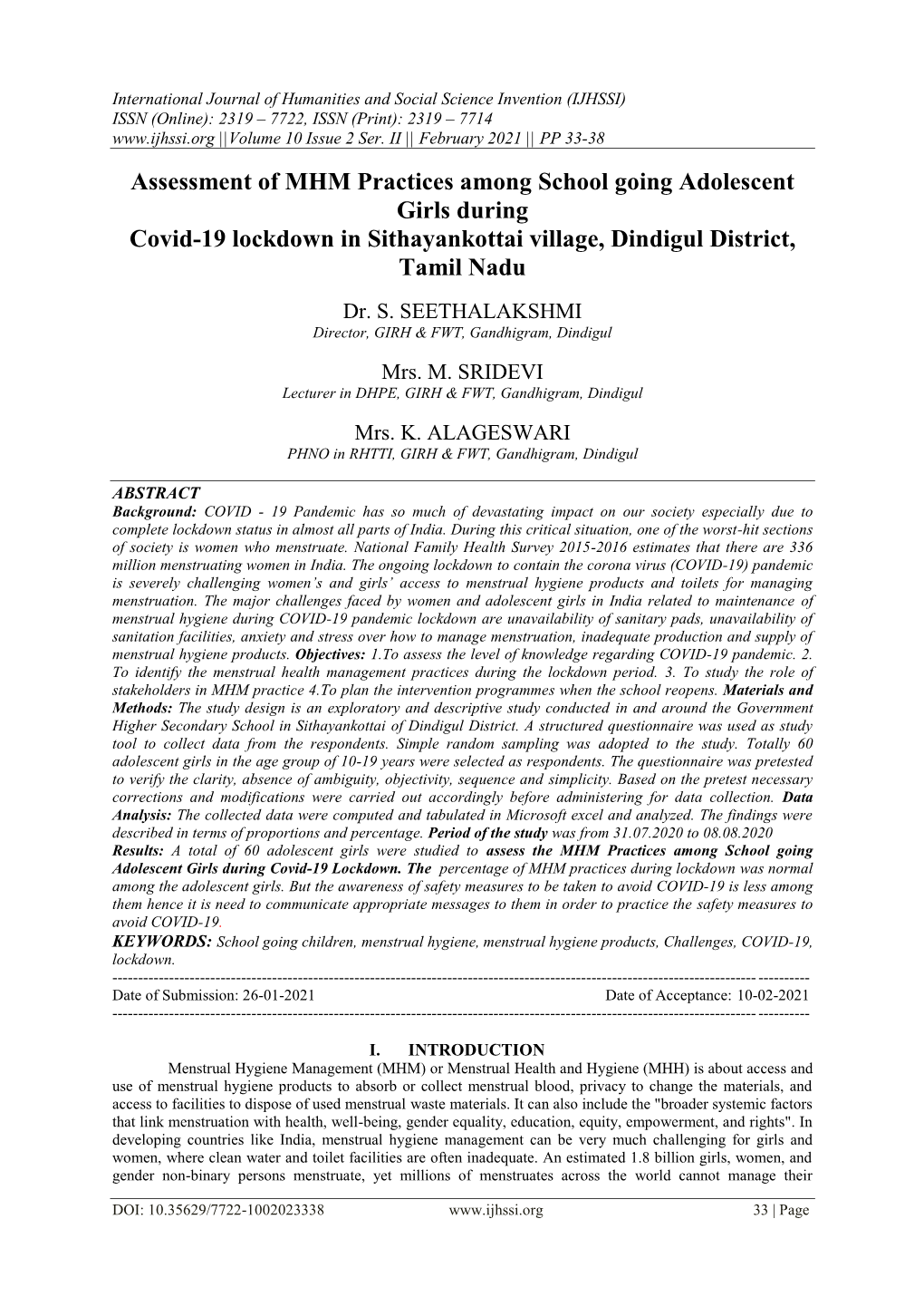 Assessment of MHM Practices Among School Going Adolescent Girls During Covid-19 Lockdown in Sithayankottai Village, Dindigul District, Tamil Nadu