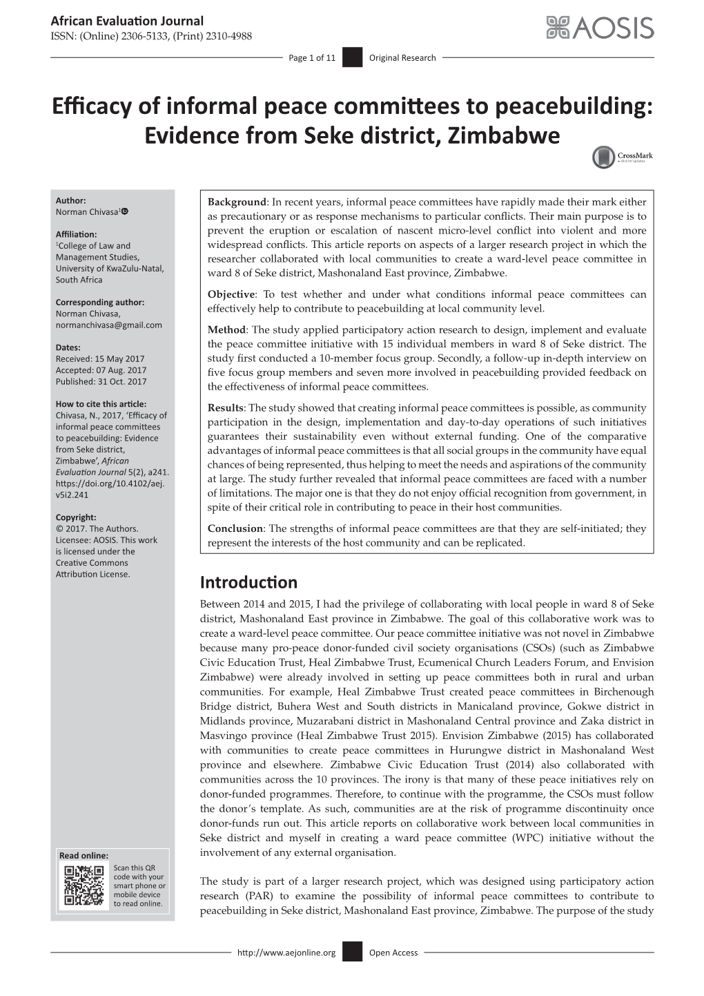 Efficacy of Informal Peace Committees to Peacebuilding: Evidence from Seke District, Zimbabwe