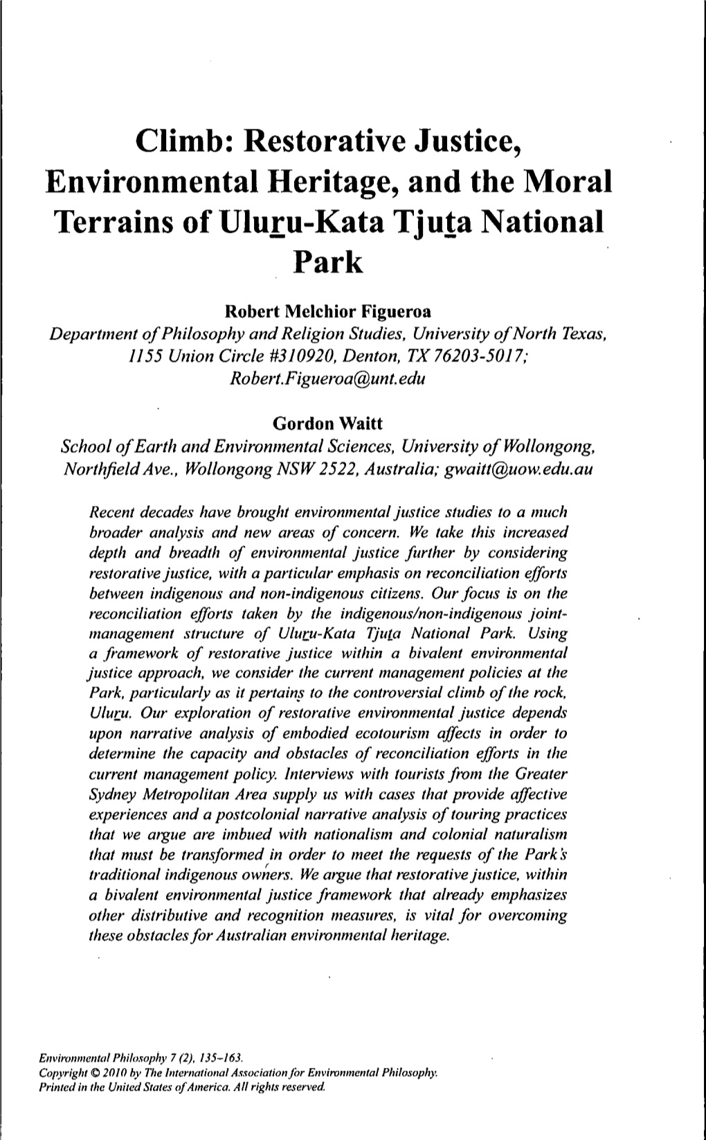 Restorative Justice, Environmental Heritage, and the Moral Terrains of Uluru-Kata Tjuta National Park