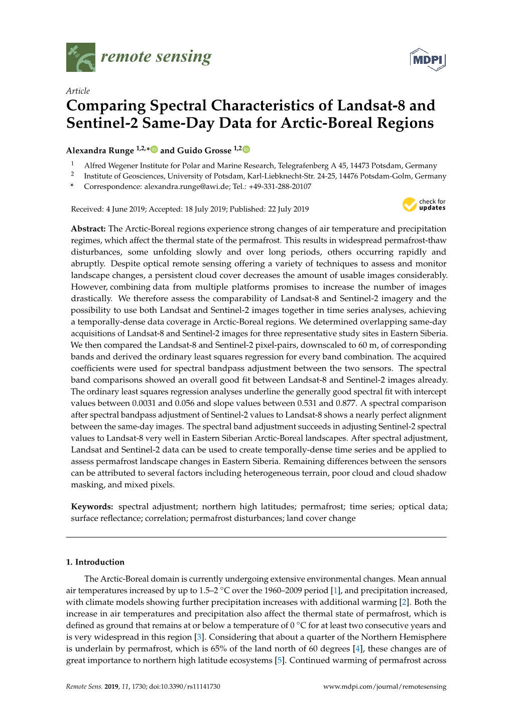 Comparing Spectral Characteristics of Landsat-8 and Sentinel-2 Same-Day Data for Arctic-Boreal Regions