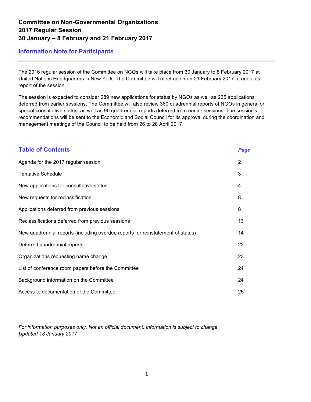 Committee on Non-Governmental Organizations 2017 Regular Session 30 January – 8 February and 21 February 2017