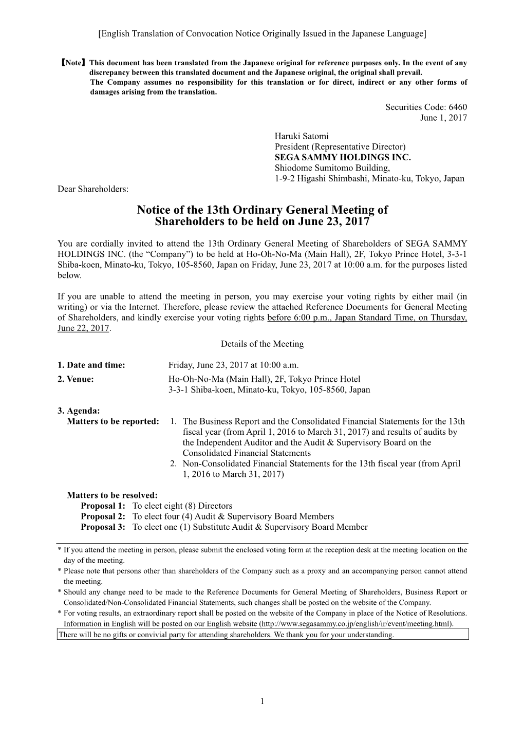 Notice of the 13Th Ordinary General Meeting of Shereholders（342KB）