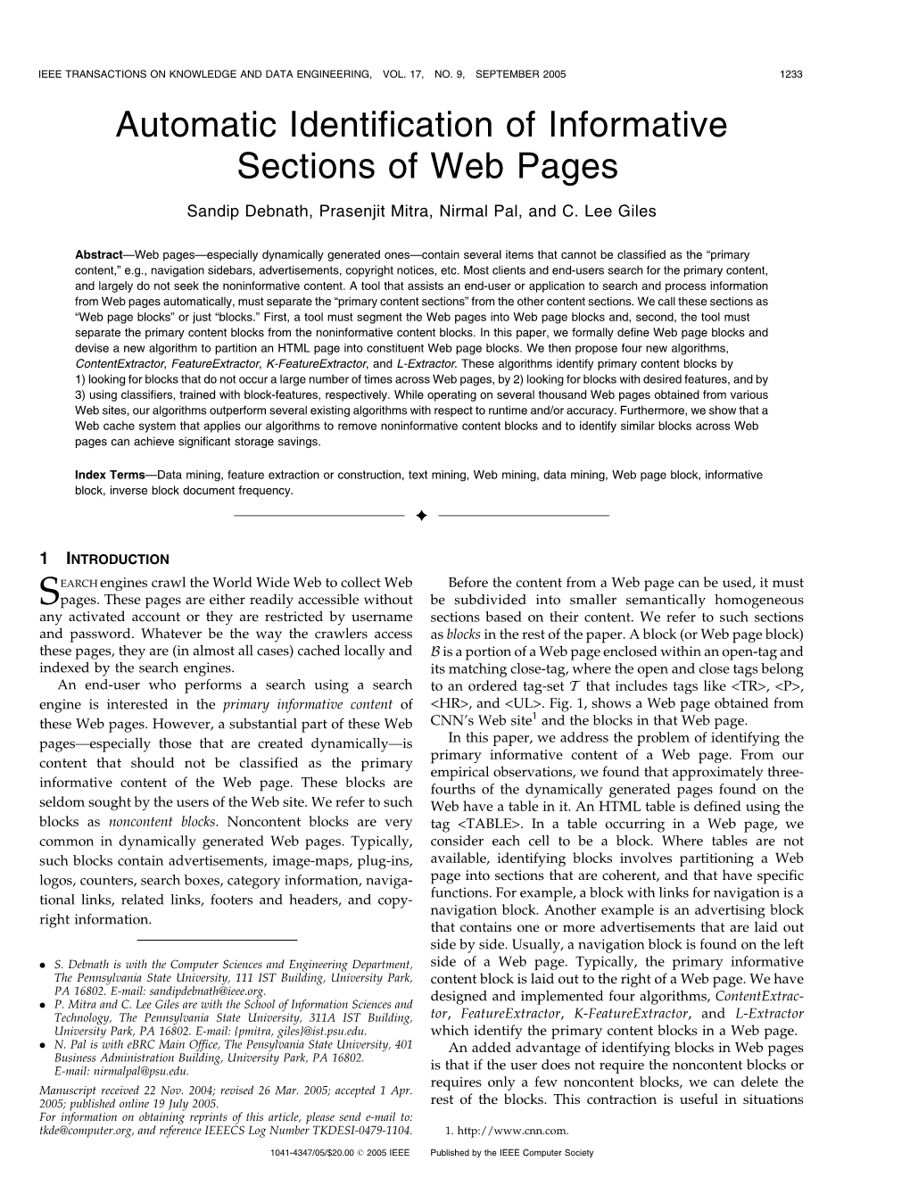 Automatic Identification of Informative Sections of Web Pages