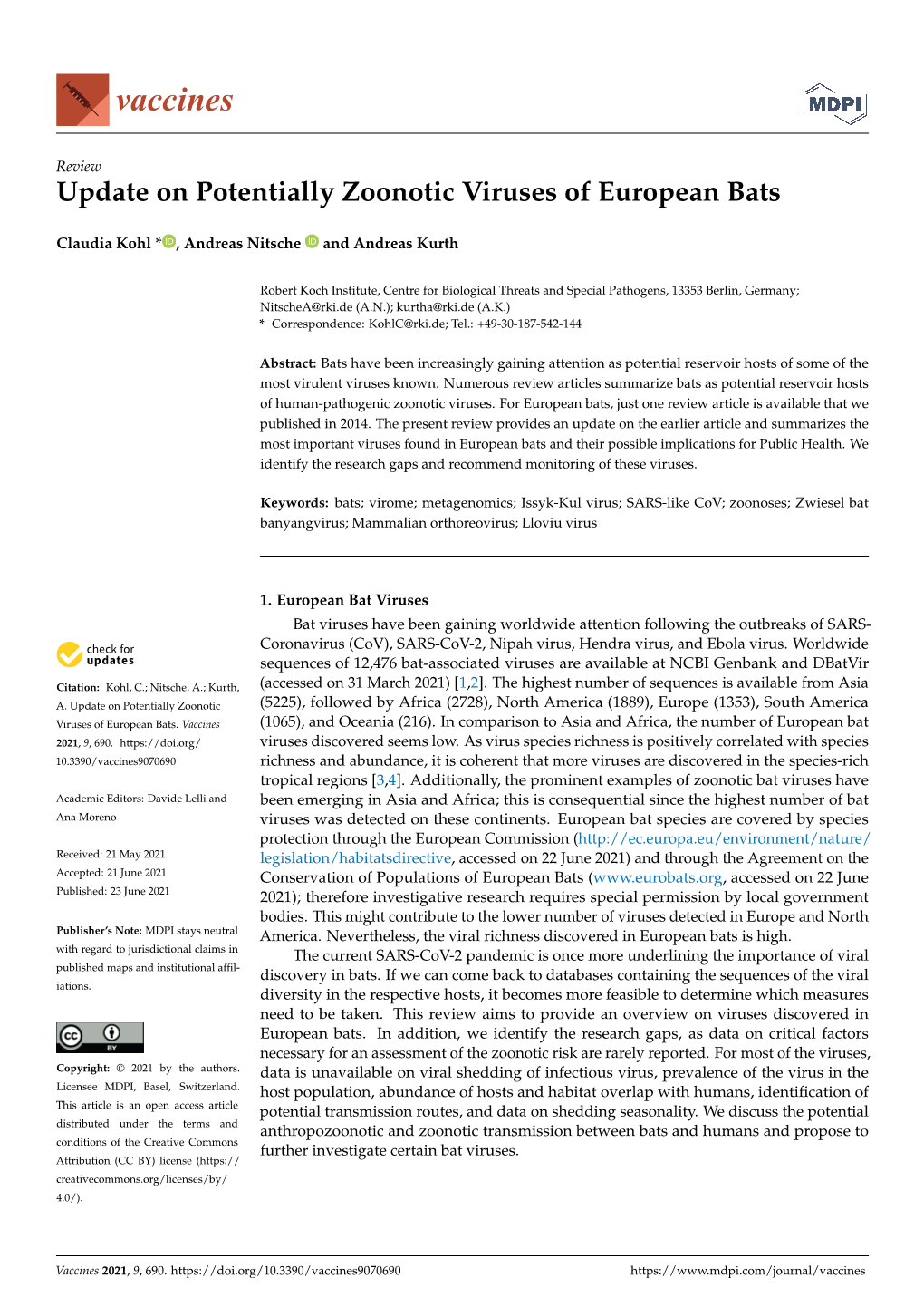 Update on Potentially Zoonotic Viruses of European Bats