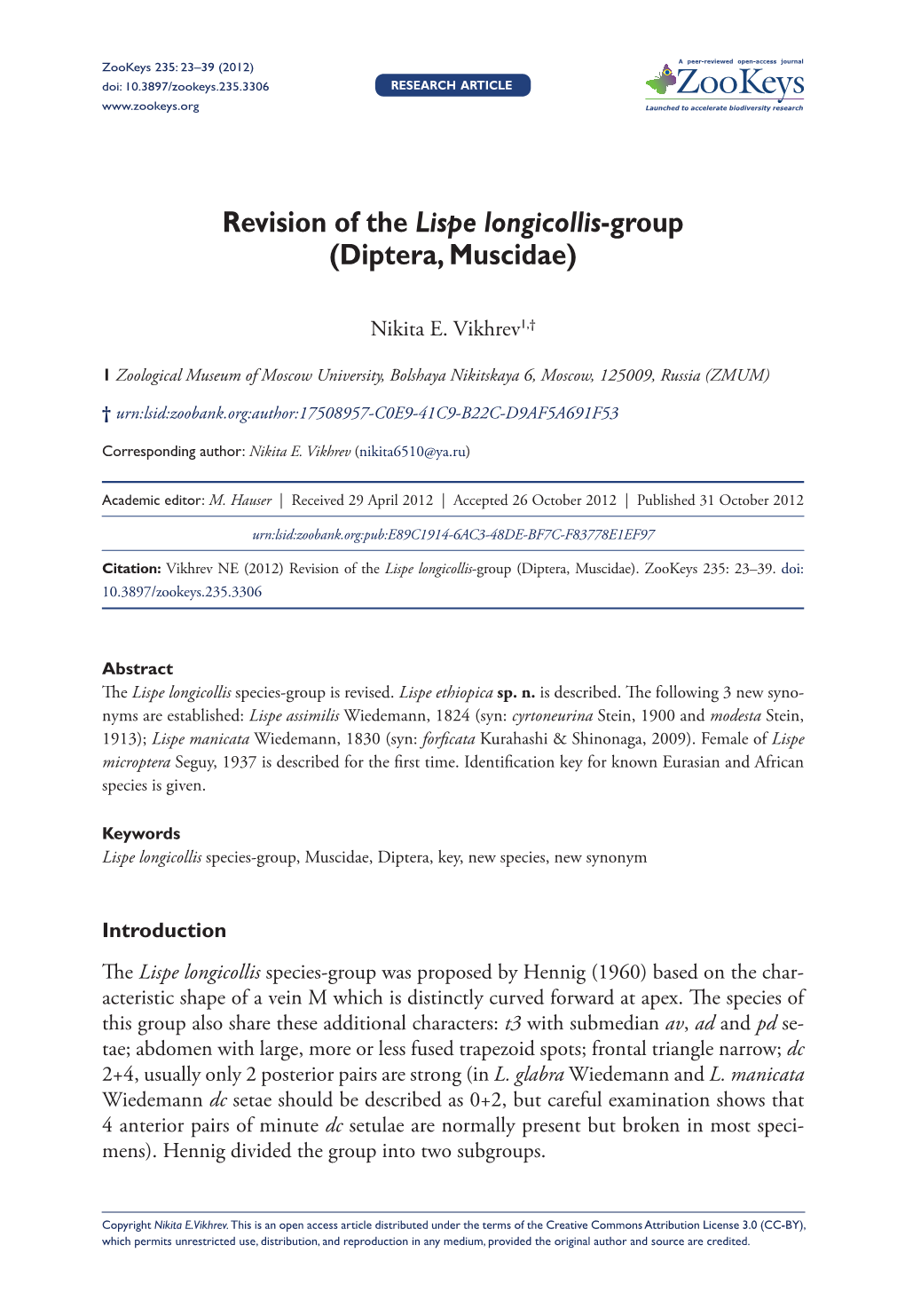 Revision of the Lispe Longicollis-Group (Diptera, Muscidae)