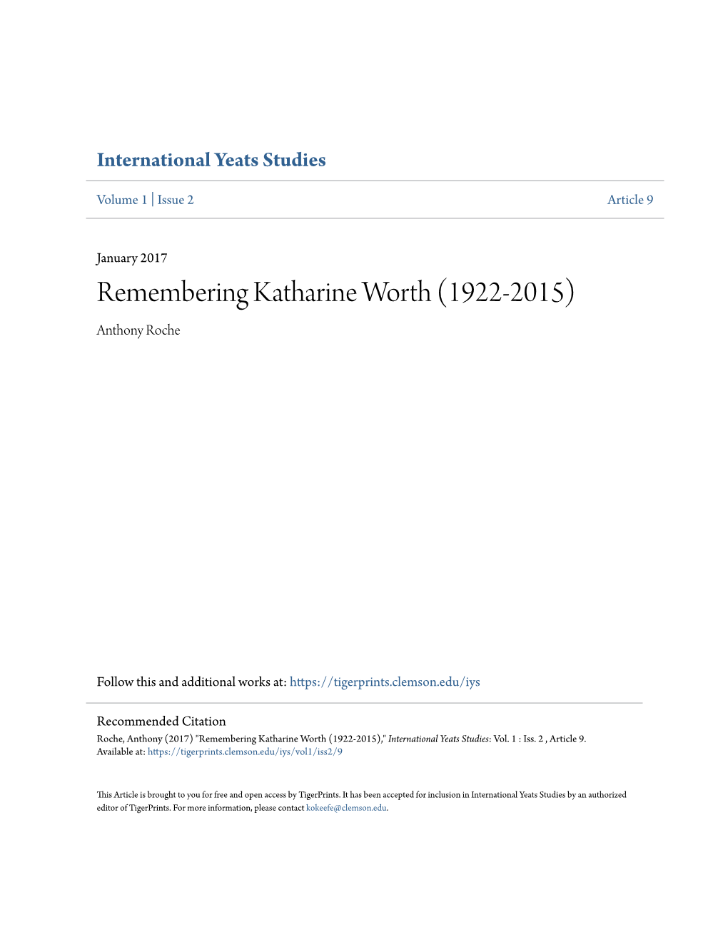 Remembering Katharine Worth (1922-2015) Anthony Roche