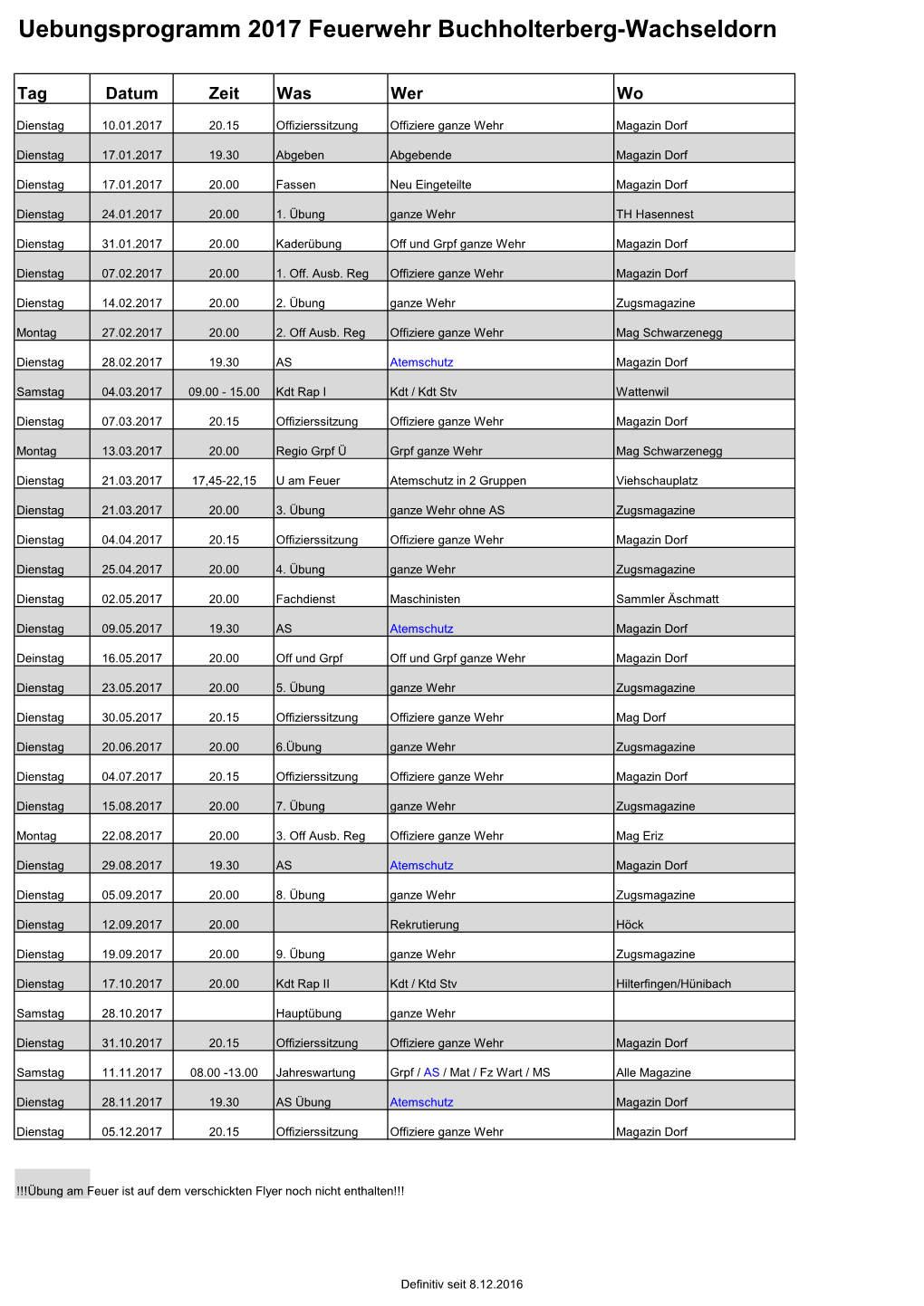 Uebungsprogramm 2017 Feuerwehr Buchholterberg-Wachseldorn