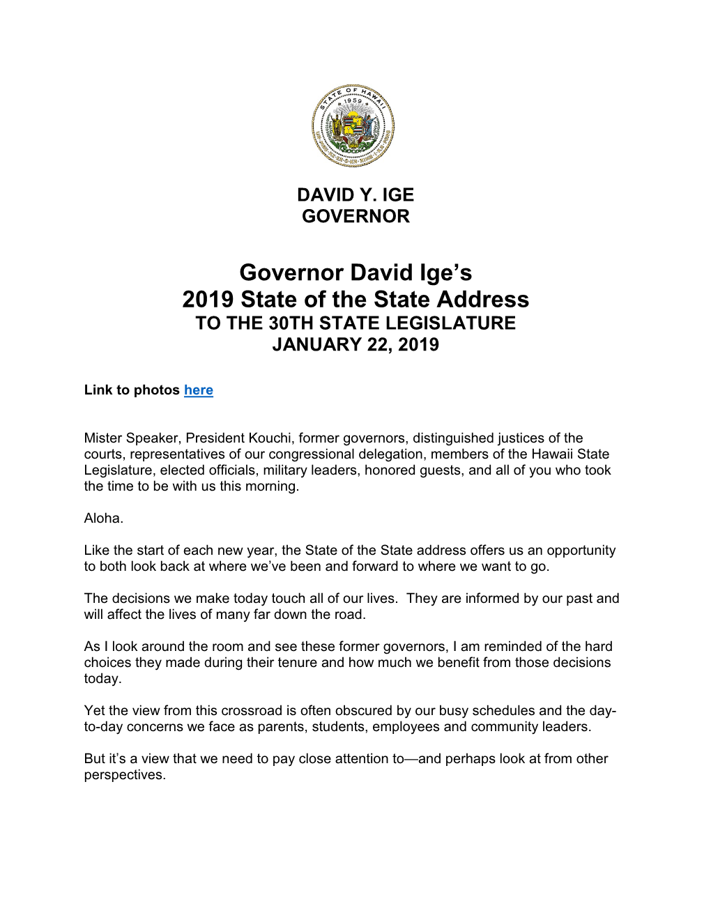 2019 State of the State Address by Governor David