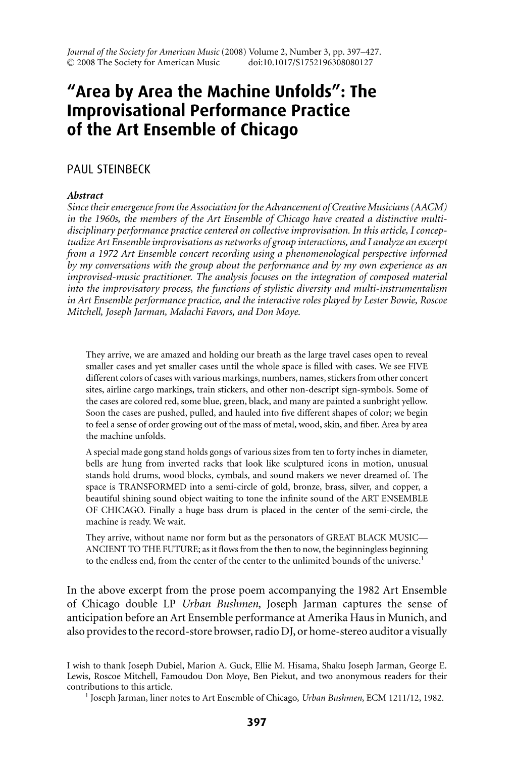 Area by Area the Machine Unfolds”: the Improvisational Performance Practice of the Art Ensemble of Chicago