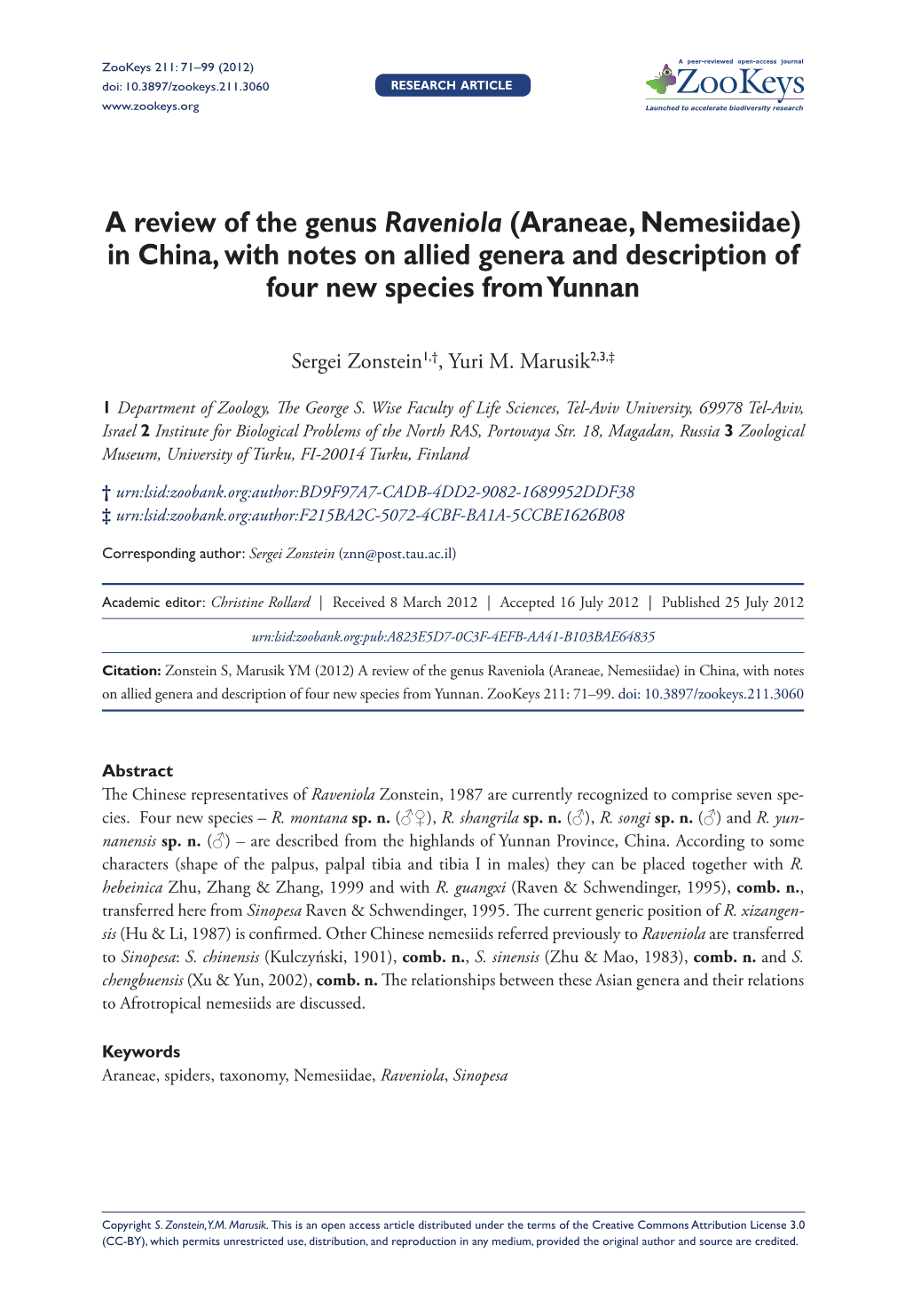 A Review of the Genus Raveniola (Araneae, Nemesiidae) in China, with Notes on Allied Genera and Description of Four New Species from Yunnan