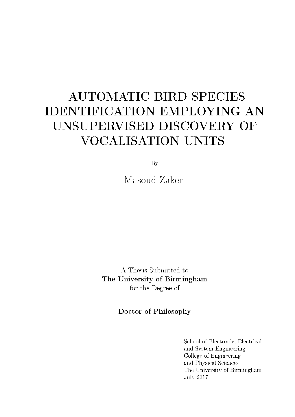 An Automatic Analysis of Bird Vocalisations for the Identification Of