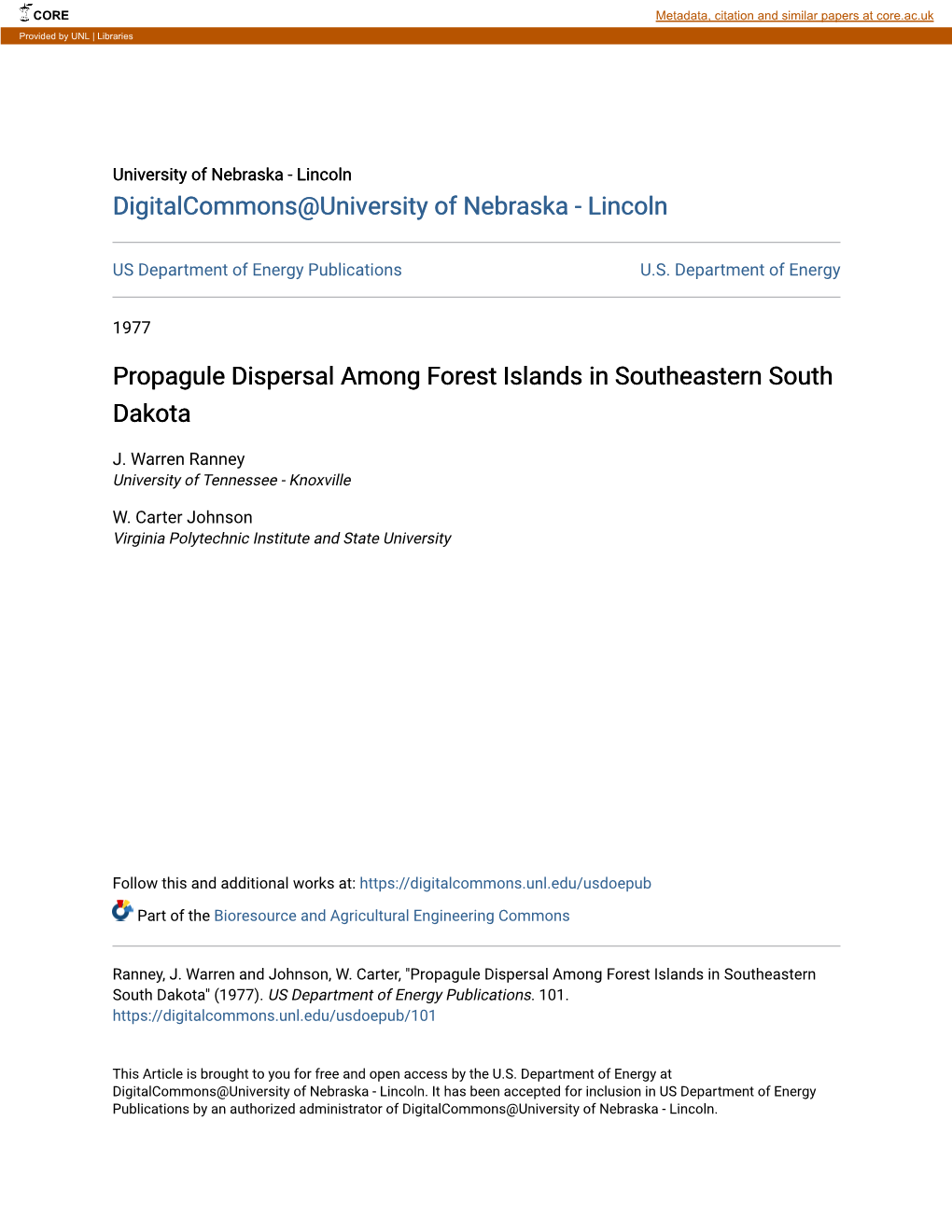 Propagule Dispersal Among Forest Islands in Southeastern South Dakota