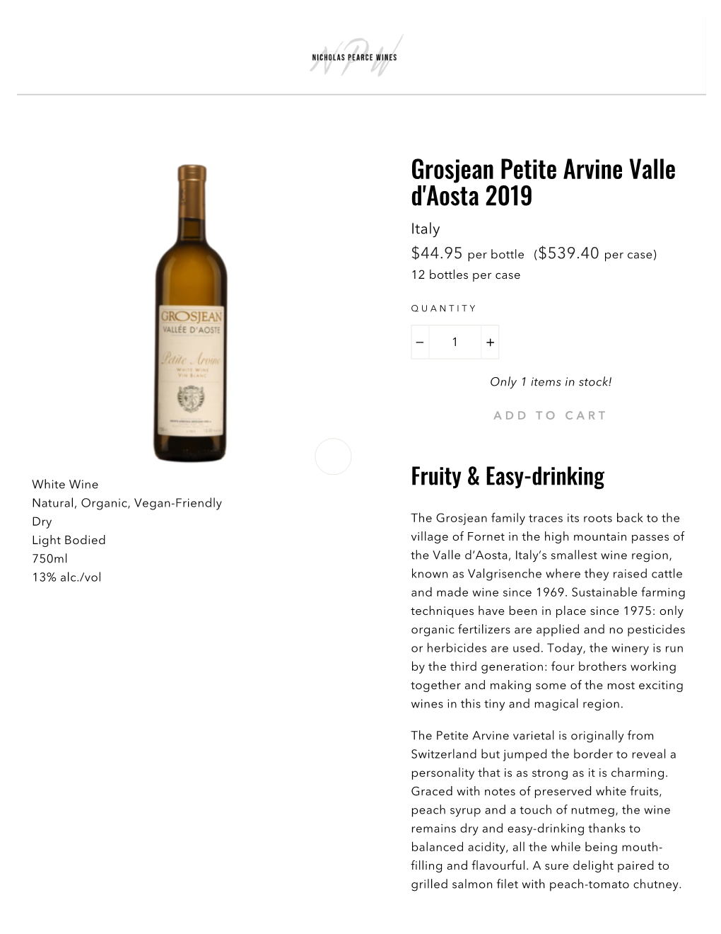 Grosjean Petite Arvine Valle D'aosta 2019 Italy $44.95 Per Bottle ($539.40 Per Case) 12 Bottles Per Case