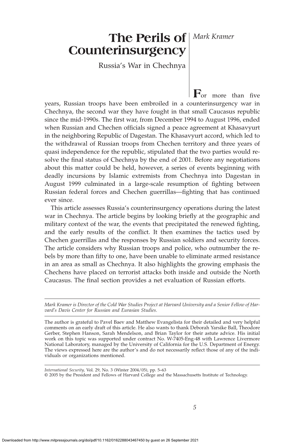 The Perils of Counterinsurgency the Perils of Mark Kramer Counterinsurgency Russia’S War in Chechnya