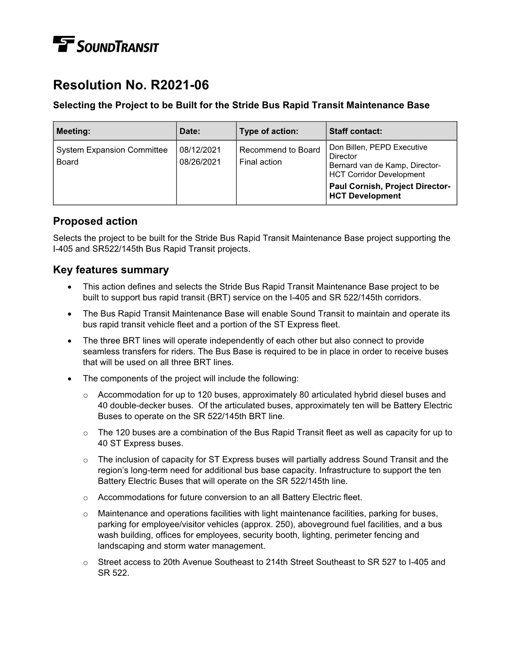 Resolution No. R2021-06 Selecting the Project to Be Built for the Stride Bus Rapid Transit Maintenance Base
