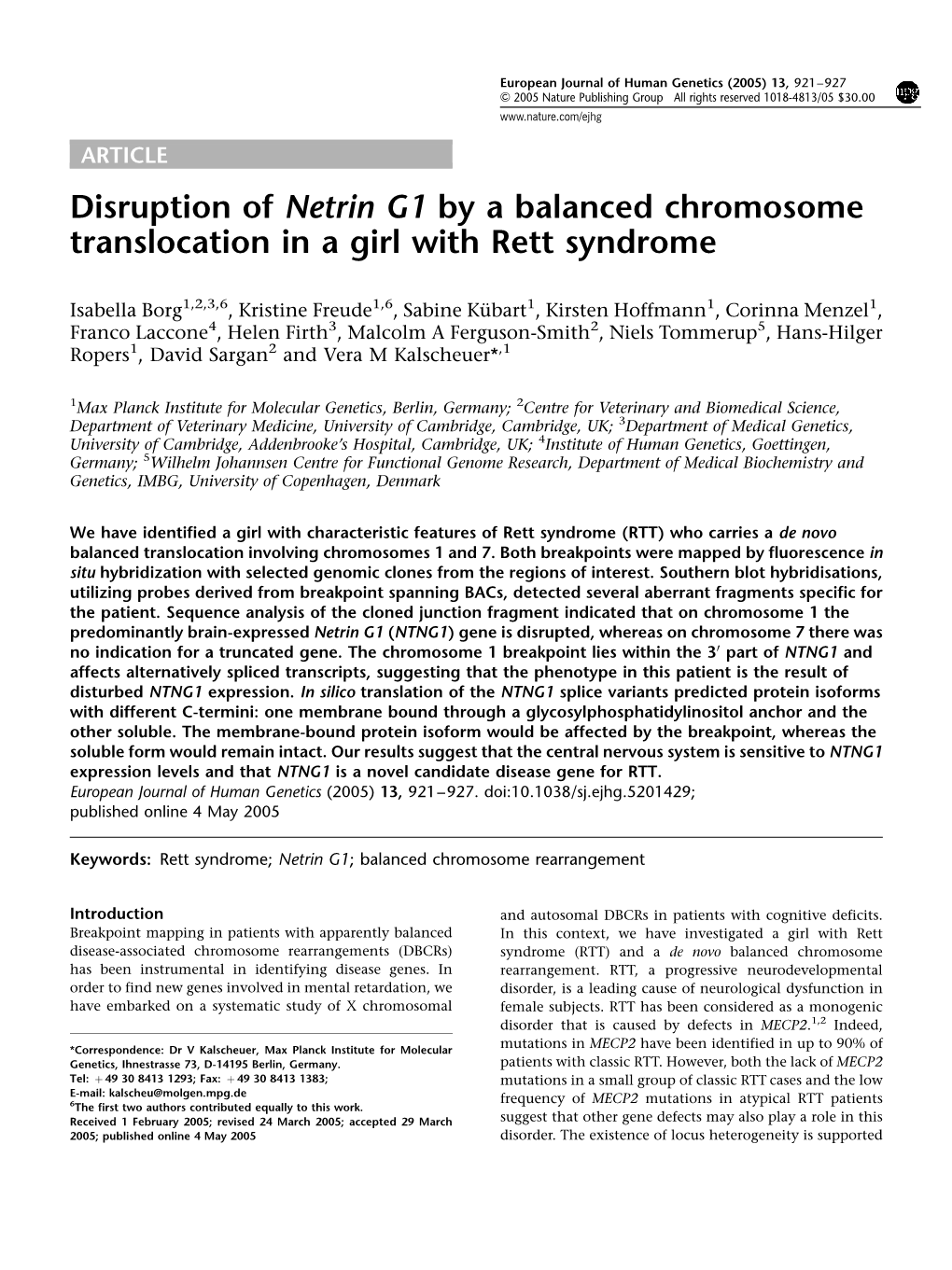 Disruption of Netrin G1 by a Balanced Chromosome Translocation in a Girl with Rett Syndrome