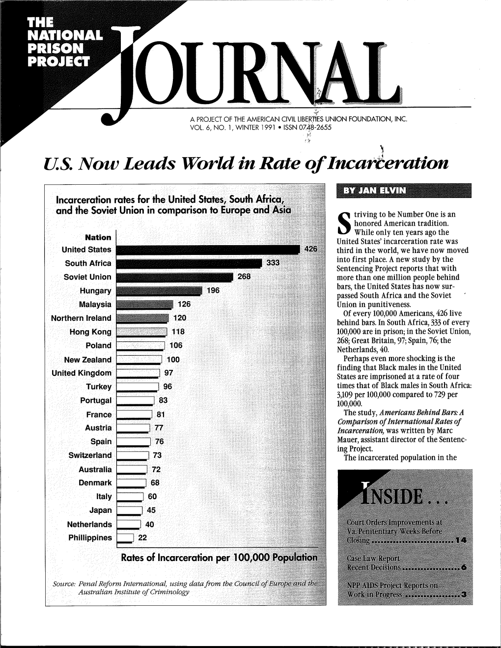 U.S. Now Leads World in Rate Ofincarieration