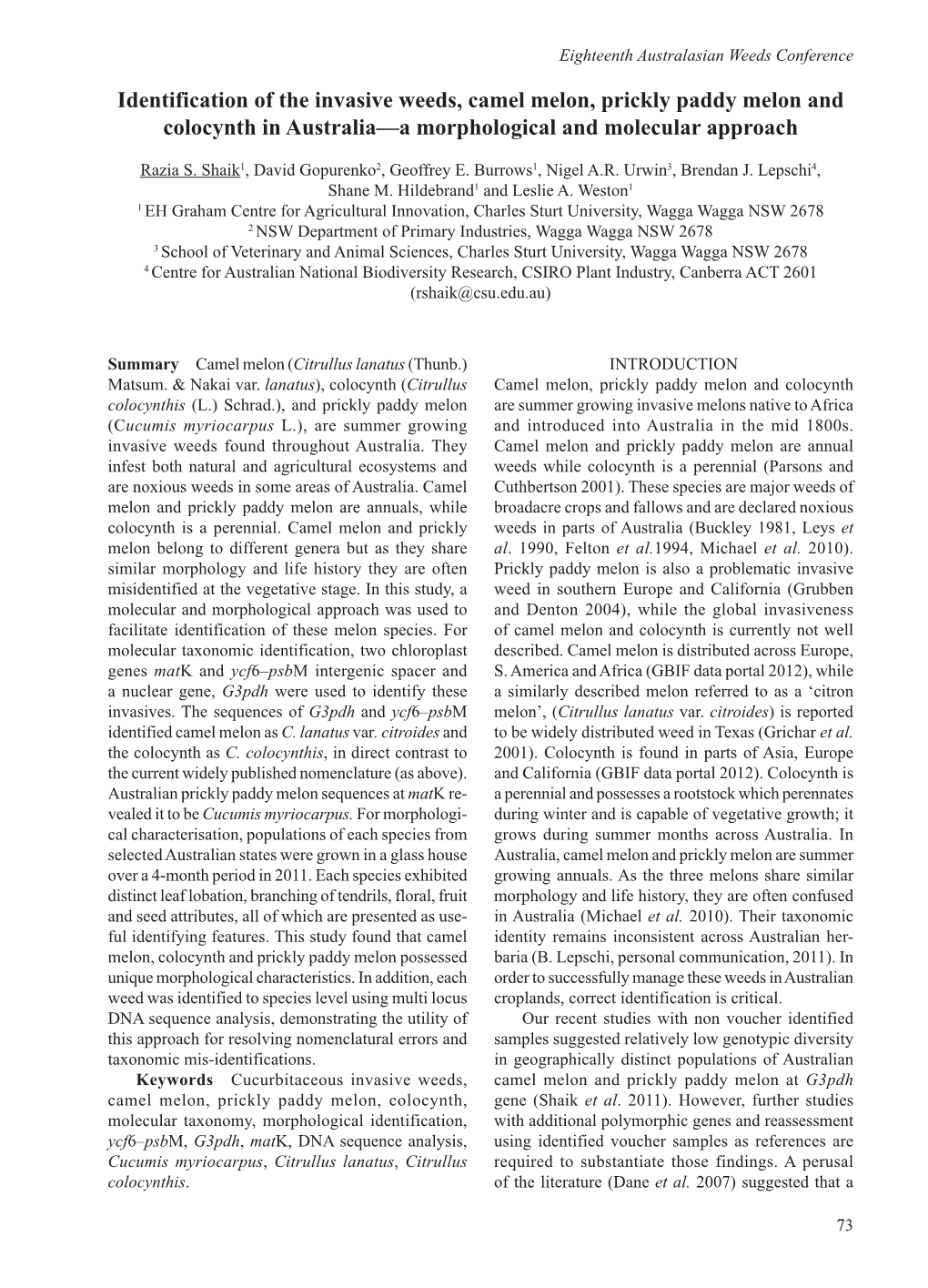 Identification of the Invasive Weeds, Camel Melon, Prickly Paddy Melon and Colocynth in Australia—A Morphological and Molecular Approach