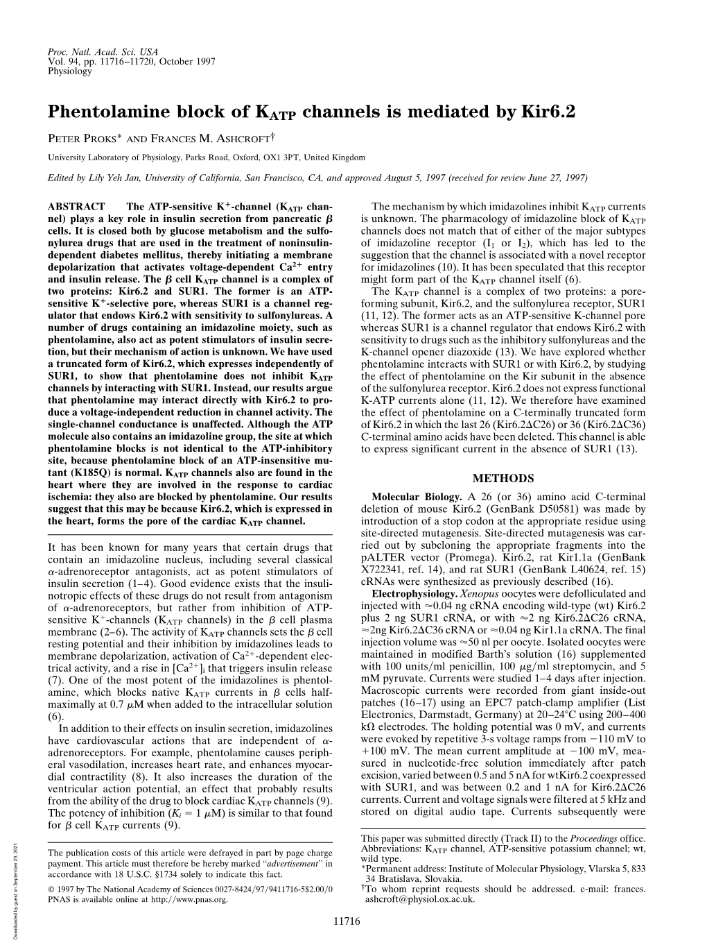 Phentolamine Block of KATP Channels Is Mediated by Kir6.2