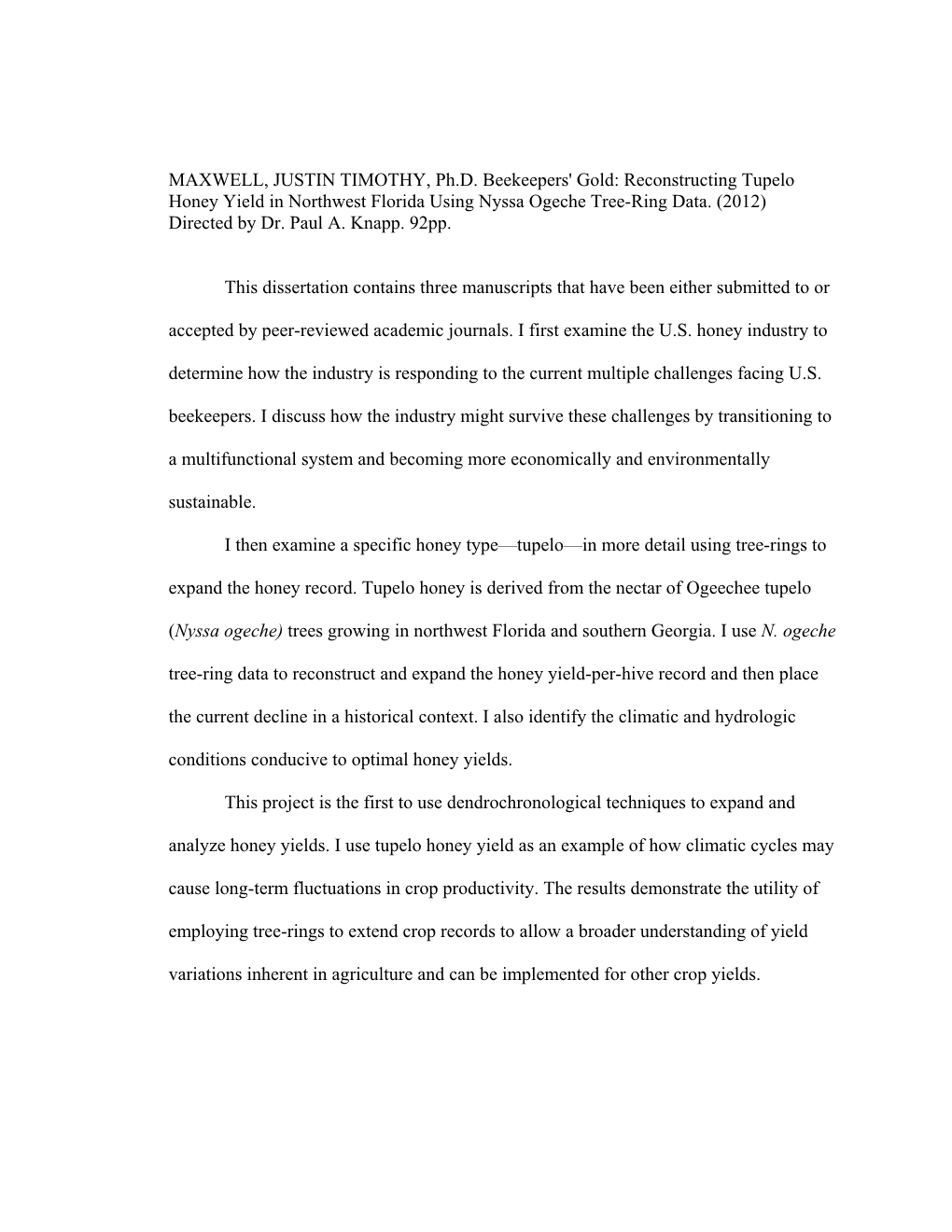 Reconstructing Tupelo Honey Yield in Northwest Florida Using Nyssa Ogeche Tree-Ring Data