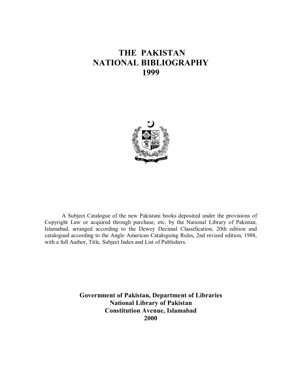 The Pakistan National Bibliography 1999