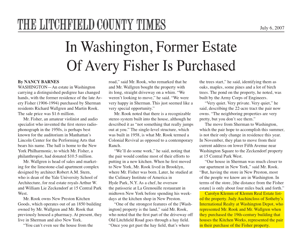 In Washington, Former Estate of Avery Fisher Is Purchased by NANCY BARNES Road,” Said Mr