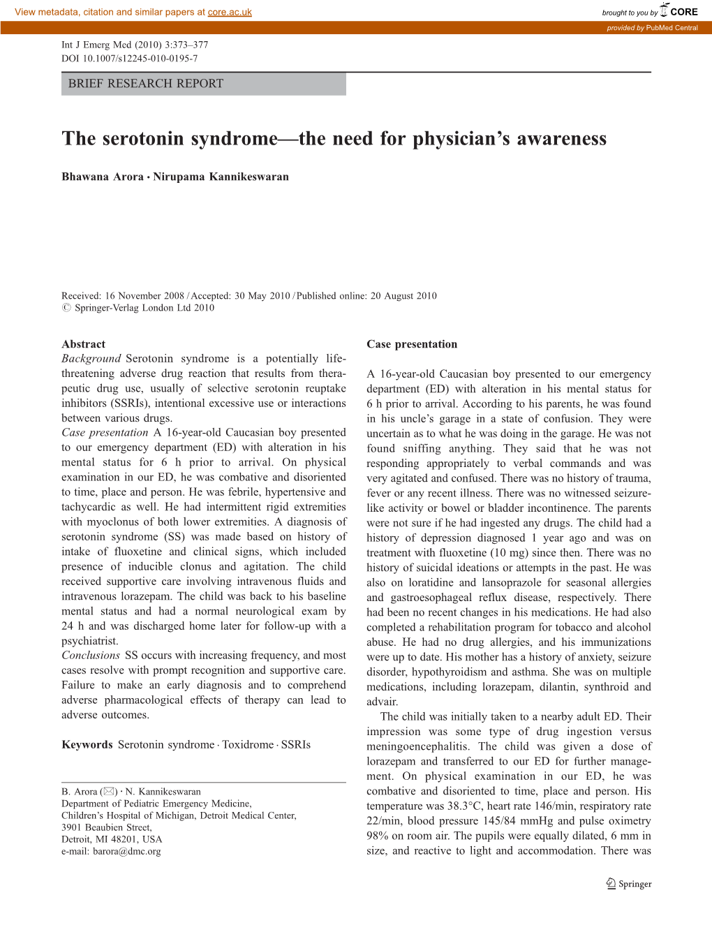 The Serotonin Syndrome—The Need for Physician’S Awareness