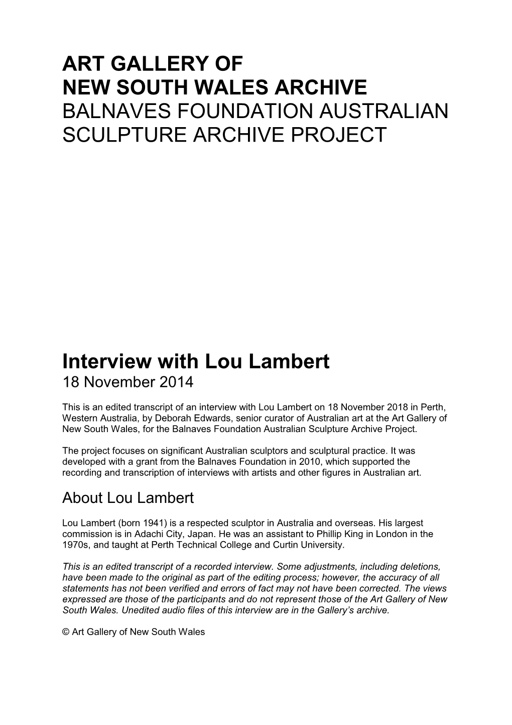 Interview with Lou Lambert 18 November 2014