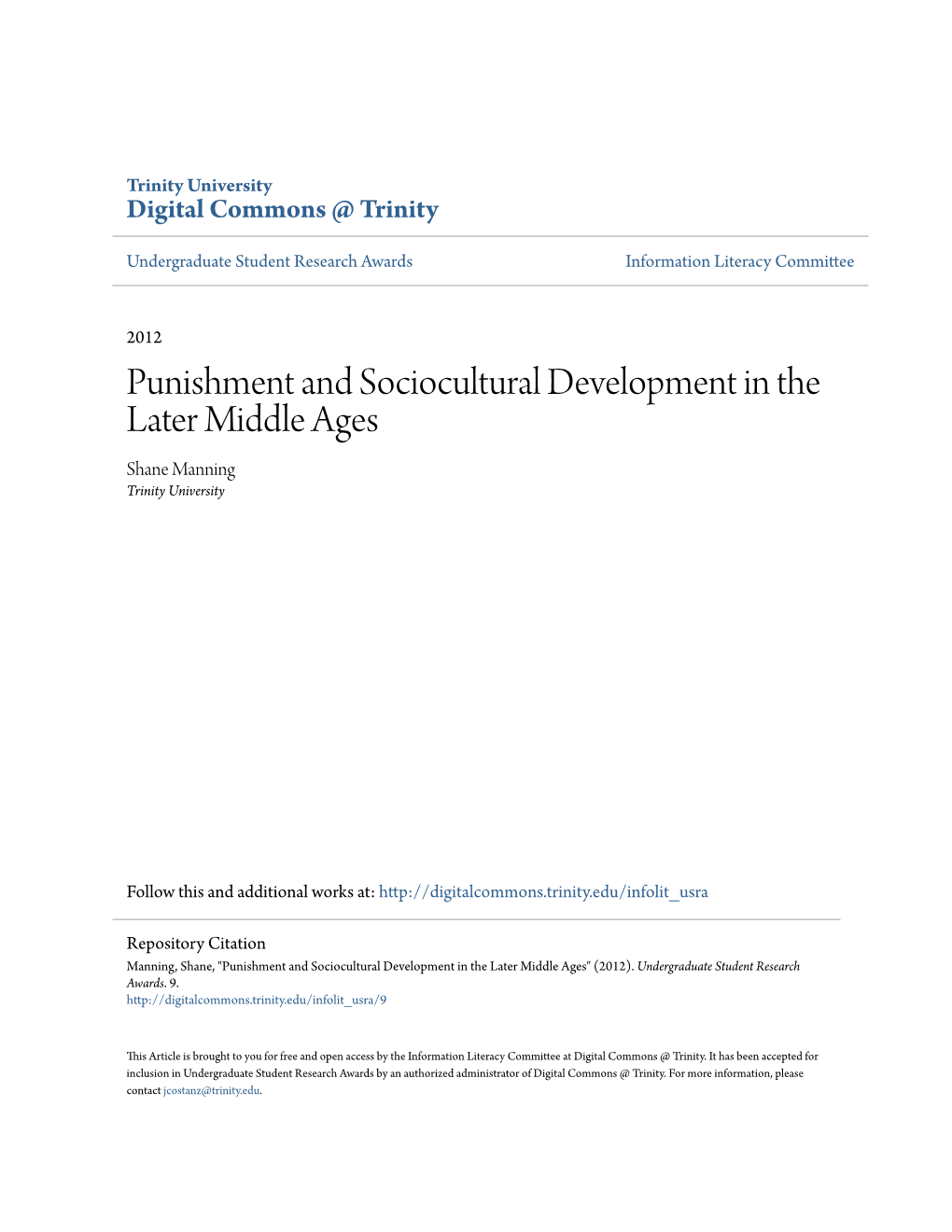 Punishment and Sociocultural Development in the Later Middle Ages Shane Manning Trinity University