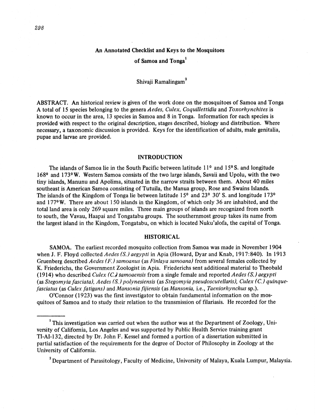 An Annotated Checklist and Keys to the Mosquitoes of Samoa And